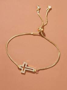 1pc Minimalist Copper Cubic Zirconia Paved Cross Women Bracelet - Yellow Gold - View 4