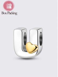 1 Piece Original Design Silver Color Charms Beads Letter Series Beaded Jewelry, Selected Alphabet Beads, Allowing You To Spell Out Names, Initials, Meaningful Words Or Secret Messages That Hold Special Significance. The Smooth, Polished Beads Are Paired With Delicate Golden Heart Electroplated Accents - Multicolor - View 30