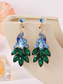 一对奢华密镶水晶孔雀耳环，渐变宝石耳坠，专属设计正式礼服耳环 - 淺藍色 - 查看 1