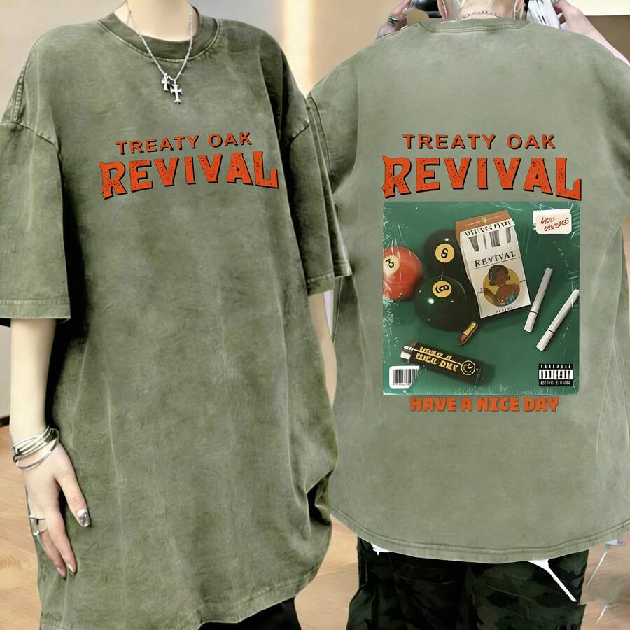 [100% Cotton] 1 230g Heavyweight T-Shirt-Double-Sided Vintage Street-Style Print With Treaty Oak Revival Graphic, Regular Round Neck, Machine Washable - 綠色 - 查看 1