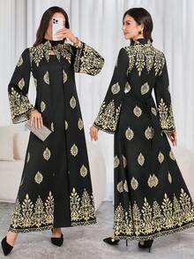 Women's Elegant Black & Gold Printed Long Dress - High Neck, Bell Sleeves, Fitted Silhouette, Suitable For Spring/Autumn Party, Gathering And Holiday Celebration - Black - View 1