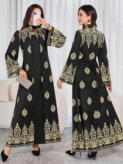 Women's Elegant Black & Gold Printed Long Dress - High Neck, Bell Sleeves, Fitted Silhouette, Suitable For Spring/Autumn Party, Gathering And Holiday Celebration