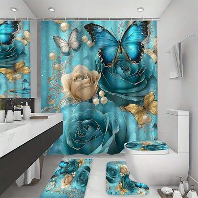 4-Piece Floral Shower Curtain Set (Includes Rug), Bathroom Shower Curtain Set (Includes Rug, Toilet Lid Cover And Bath Mat), Modern Bathroom Decor (Includes Bath Mat And 12 Plastic Hooks)