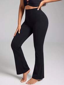 Women's Ribbed Seamless High Waist Flare Yoga Pants - Black - View 4