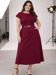 Women's Evangelical Mode Dress Women's Plus Size Dress With Invisible Zipper And Brown Belt G-GG-G1-G2 - 酒紅色 - 查看 5