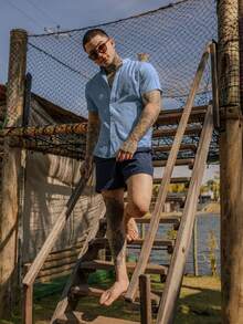 Light Blue Men's Dress Shirt With Mandarin Collar, Lightweight And Cool Dunas Fabric - Summer 2026 - Beach Shirt - Everyday Shirt - 霧霾藍 - 查看 8