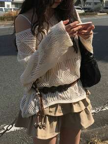 Hollow Out Loose Casual Versatile Knit Sweater (With Belt) - White - View 4