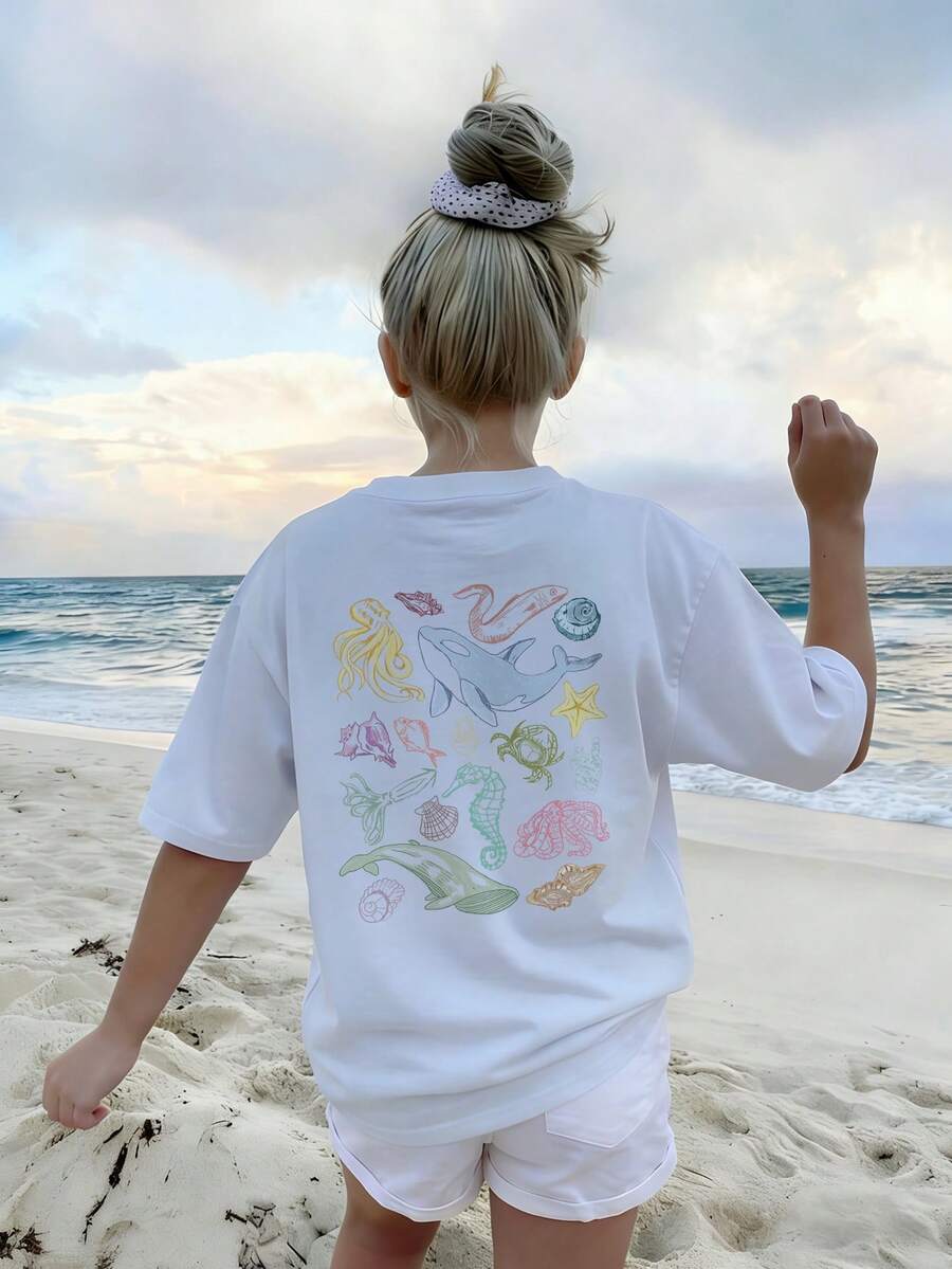 Áo thun ngắn tay cổ tròn in hình cá heo và vỏ sò cho trẻ em, trang phục mùa hè cho học sinh - Thiết kế khám phá thế giới đại dương dễ thương, quần áo bé gái, áo thun in hình cho bé gái, áo mùa hè, trang phục tuổi teen. - trắng - Xem 1