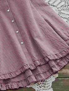 女士格子梭织面料纽扣前襟衬衫领长袖衬衫，常规版型休闲上衣，荷叶边下摆 - 酒紅色 - 查看 1