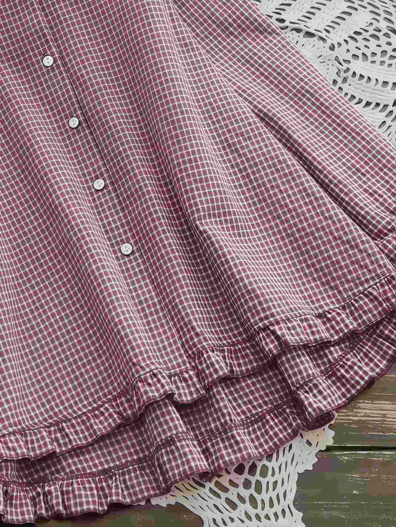 女士格子梭织面料纽扣前襟衬衫领长袖衬衫，常规版型休闲上衣，荷叶边下摆 - 酒紅色 - 查看 1