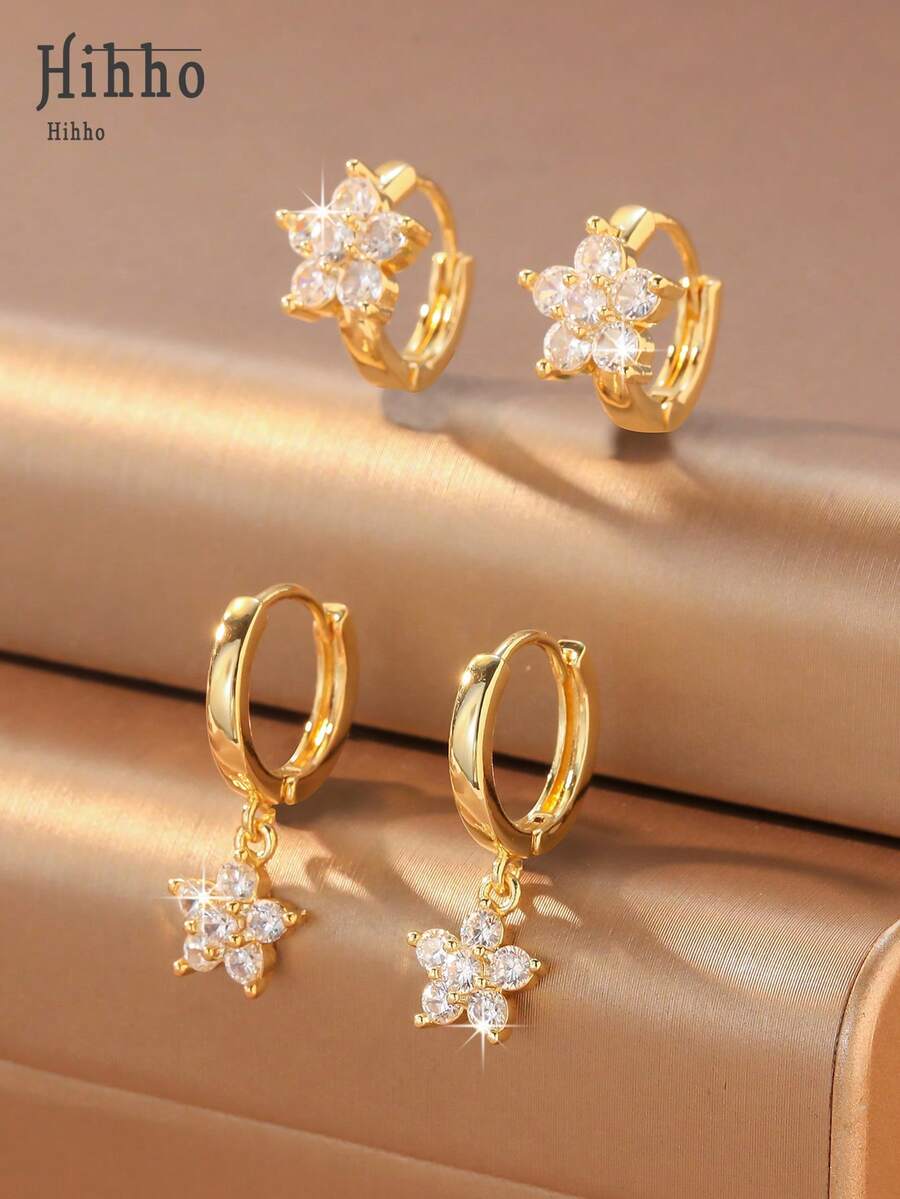 Hihho 4pcs Minimalist Shiny Cubic Zirconia Inlaid Flower Pendant Earrings Set, Luxury Jewelry Gift - Multicolor - View 1