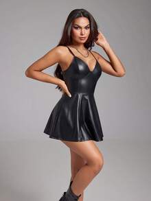 女士时尚黑色深V领PU吊带性感短裙Y2K夏季派对春季优雅装扮 - 黑色 - 查看 4