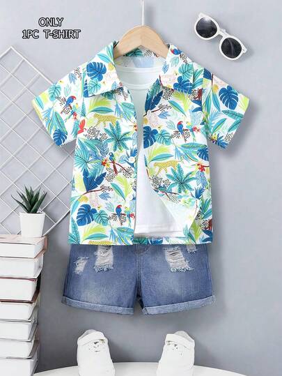 2pcs Boys' Summer Outfit: Tropical Print Short Sleeve Shirt + Fashionable Denim Shorts, Refreshing Island Vacation Style For Daily Outings