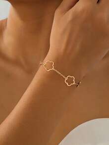 2pcs Metal Minimalist Hollow Clover Long Necklace And Bracelet Jewelry Set, Fashionable Accessory Gift For Friends And Girlfriend, Suitable For Daily Wear, Party, Holiday - Gold - View 20