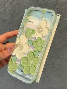 Flower 1pc Green Floral Print 2-In-1 Shockproof Soft Phone Case Compatible With Apple 17/17Pro/17ProMax/16/16Pro/16ProMax/15/15Pro/15ProMax/14/13/12/11 - Green - View 3