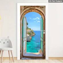 1/2片装海滨风景即撕即贴壁画，海景门贴，白色建筑门贴装饰，拱形窗门贴，绿松石海门贴，蓝天家居装饰贴，适用于卧室、客厅、办公室门装饰，2D平面 - 款式1 - 查看 2