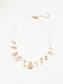 1pc Handmade Beaded Necklace With Seed Beads, Enamel Sun Shell, Asymmetrical Sea Shell, Pearl Pendant, Boho Beach Style - Gold - View 3