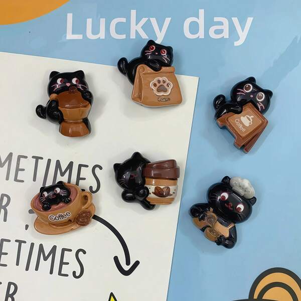 6pcs Fridge Magnets Gift, Cute Black Cat Shaped Coffee Magnets For Fridge Photo, Decorative Refrigerator Magnets For Kitchens