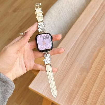 1pc White Delicate Cherry Blossom 5-Petal Leather & Metal Flower Band, Fits 38mm/40mm/41mm/42mm/44mm/45mm/46mm/49mm, Compatible With Ultra/SE/S11/S10/S9/8/7/6/5/4/3/2/1, Suitable For Spring, Summer, Autumn, Winter, Office, Sports, Party, Dating, Gift For Wife, Mom, Lover, Girlfriend, Elegant, Fashionable, Inexpensive, Non-Fading, Non-Allergic Band