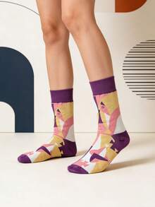 1 par de calcetines unisex de estilo de arte abstracto casual, calcetines personalizados, calcetines de media pantorrilla, adecuados para todas las estaciones, para el hogar y uso diario - Morado - Ver 3