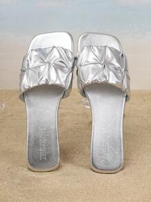 1双女士夏季PU皮革荷叶边沙滩拖鞋，防滑软底露趾平底凉鞋，适合户外休闲穿着 - 銀色 - 查看 7