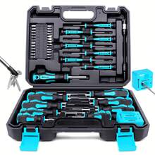 Bộ tua vít từ tính 43 chi tiết, bao gồm tua vít đầu dẹt, lục giác, vuông, sao và tua vít chính xác, kèm dụng cụ khử từ (màu xanh dương) - D-màu xanh - Xem 3