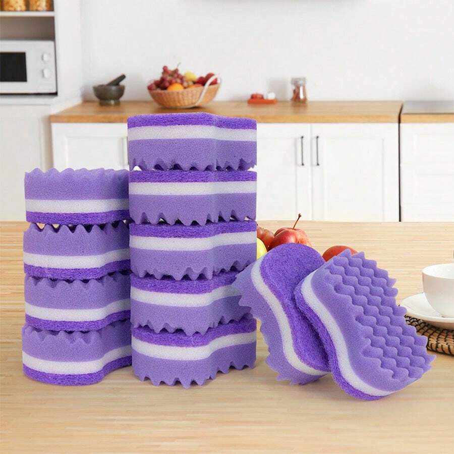 1/3/6/12 miếng bọt biển lượn sóng mật độ cao, bọt biển rửa chén màu tím, khối bọt biển vệ sinh gia dụng, miếng cọ rửa chén nhà bếp - Màu tím - Xem 1