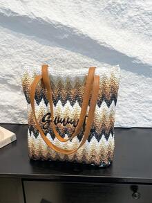 1pc Women's Colorful Woven Tote Bag With Contrast Embroidered Wavy Letter, Large Capacity Shoulder Bag - Multicolor - View 11