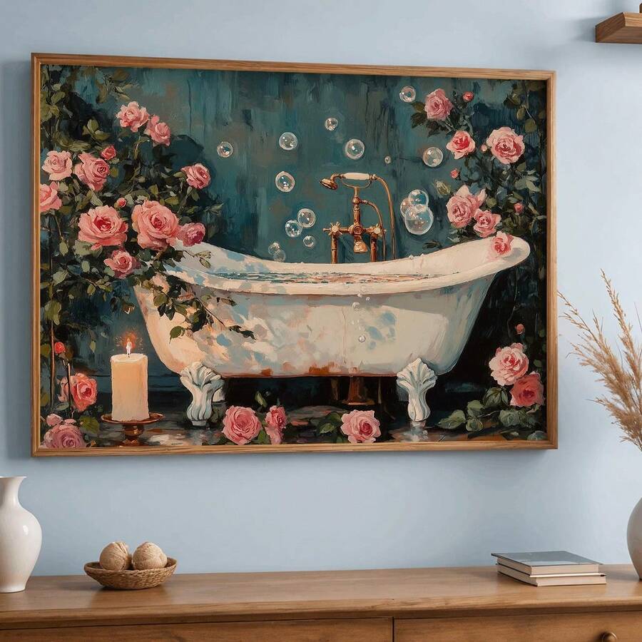 1件,帆布墙画,带框墙饰,复古玫瑰图案浴缸,浪漫乡村浴室艺术,柔和花卉氛围,春季农舍装饰,法式乡村小屋画作,乡村风格装饰,复古花卉艺术,乡村墙饰,农舍装饰,春季家居装饰,春季海报,房间装饰美学,宿舍装饰,卧室装饰,客厅装饰,浴室装饰,厨房装饰,餐厅装饰,公寓装饰,大学风格海报,春季礼物 - 玫瑰浴室 - 查看 1