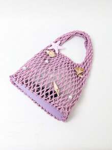 BAILEE 1 Set de Bolso Tote Tejido de Poliéster con Base de Malla de Ganchillo, Multicolor, Sólido, Patrón de Diamantes Acolchado, Ligero, Portátil, de Gran Capacidad, Bonito y a la Moda, Bol - Púrpura malva - Ver 7