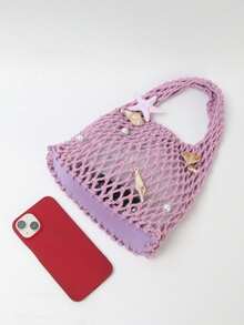 BAILEE 1 Set de Bolso Tote Tejido de Poliéster con Base de Malla de Ganchillo, Multicolor, Sólido, Patrón de Diamantes Acolchado, Ligero, Portátil, de Gran Capacidad, Bonito y a la Moda, Bol - Púrpura malva - Ver 9
