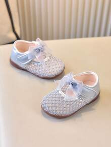 1 Pair Mesh Bow Baby Shoes, Soft Sole Breathable Toddler Princess Shoes, Cute Walking Shoes - Silver - View 3