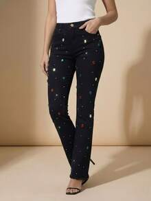 pthirillo Women's Black Flare Jeans With High-Waisted Butt-Lifting Effect And Rhinestone Detail. - 彩色水鑽和水鑽混合物 - 查看 6