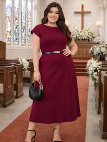 Women's Evangelical Mode Dress Women's Plus Size Dress With Invisible Zipper And Brown Belt G-GG-G1-G2 - 酒紅色 - 查看 1