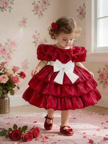 Baby Girls' Round Neck Contrast Bow Satin Cute Flower Girl Puffy Dress For Wedding, Birthday Party, Banquet, Excluding Headband - Burgundy - View 1
