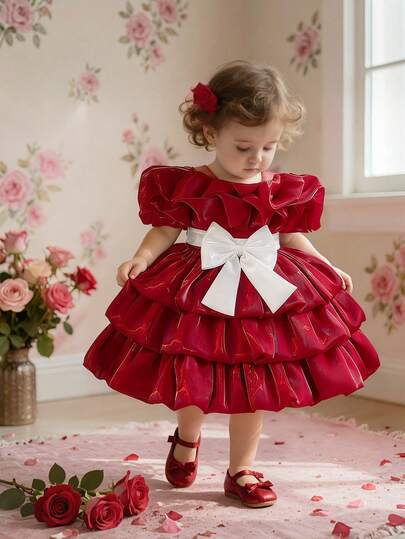 Baby Girls' Round Neck Contrast Bow Satin Cute Flower Girl Puffy Dress For Wedding, Birthday Party, Banquet, Excluding Headband