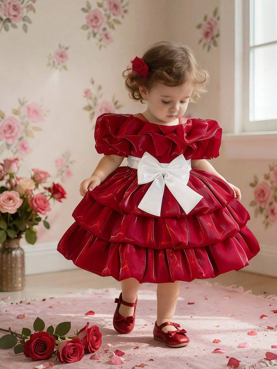 Baby Girls' Round Neck Contrast Bow Satin Cute Flower Girl Puffy Dress For Wedding, Birthday Party, Banquet, Excluding Headband - Burgundy - View 1