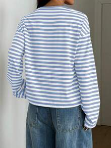 Women's Casual Top, Striped Color Block Ribbed Everyday Wear Spring - Blue and White - View 10