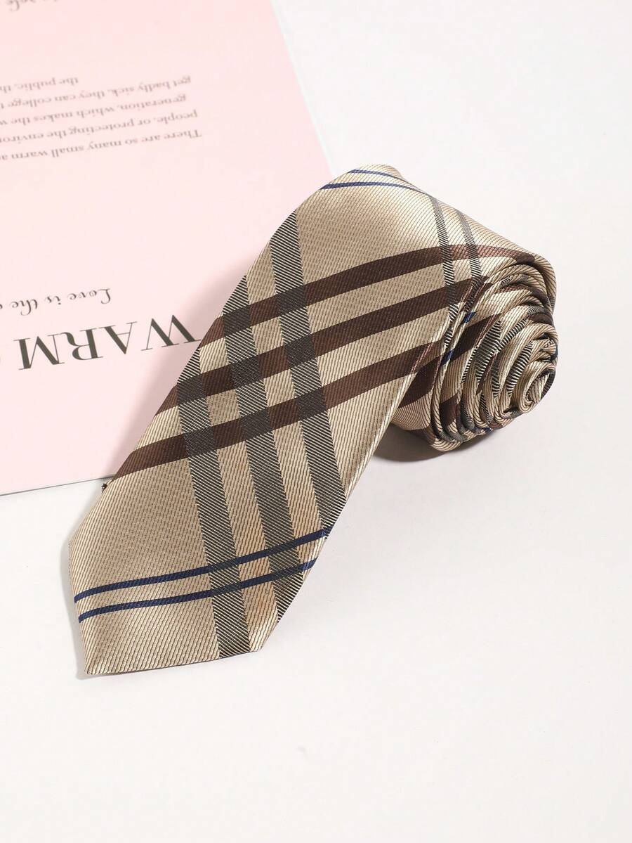 1pc Men's Casual Gold Plaid Striped Pattern Necktie, Suitable For Business, Banquet And Daily Wear - Gold - View 1