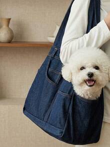 PETSIN 牛仔口袋狗狗背包，便携式手提斜挎单肩包，适合泰迪熊、猫咪、宠物，户外背包，宽开口设计 - 彩色 - 查看 2