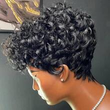 Hort Pixie Wigs 全机织短款黑色卷发精灵假发 真人发假发 女士自然波浪黑色精灵短发假发 - 彩色 - 查看 5