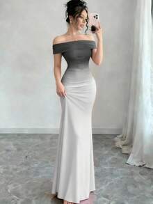 2026 European And American Fashion Short-Sleeved Gradient Off-Shoulder Bodycon Long Dress - Dark Red - View 5