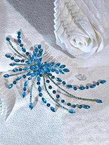 1pc Fashionable Bride Hair Comb, Shiny Silver & Blue Rhinestone Headpiece Suitable For Wedding, Party, Easter - Lake Blue - View 9