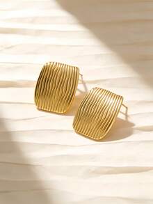 Rectangular Gold-Plated Stainless Steel Stud Earrings. Simple, Irregular, Modern, Thick Chain Type, Exaggerated Square Earrings. Suitable For Parties, Dates, Weddings, Concerts, Beach Vacations And Various Occasions. - Multicolor - View 5