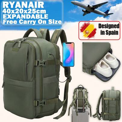 Ryanair Expandable Cabin Travel Backpack, Size 40x25x20-25cm, With Shoe Compartment, Waterproof Casual Daypack Fits 14" Laptop - Blue/Beige/Black/Pink/Green/Purple/Army Green