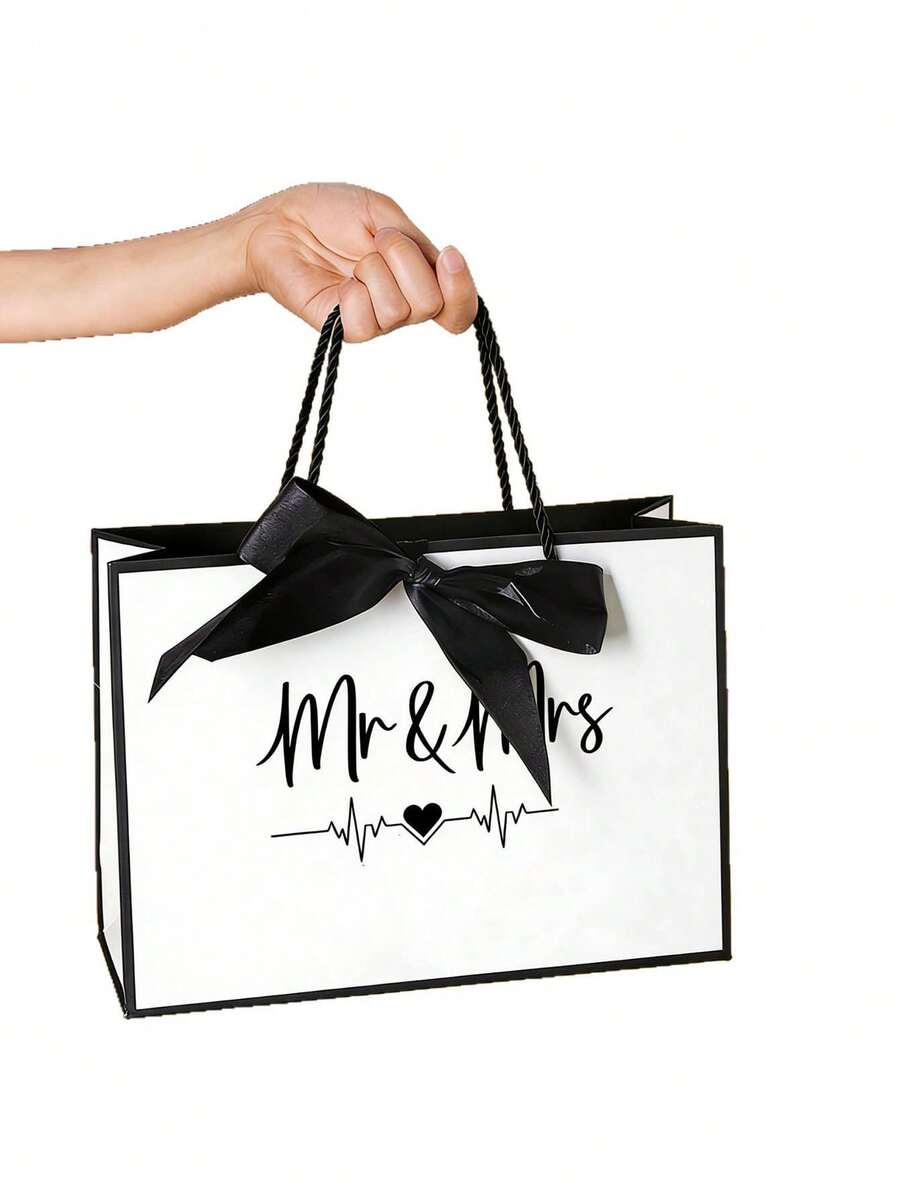 1pc Mr&Mrs Wedding Gift Bag - Wedding Souvenir Bag - Thick White Card Handheld Paper Bag - B - View 1