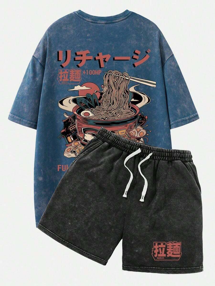 Shwiy Men's Washed Black Drawstring Shorts Set, Casual Graphic Tee With Ramen Print, Suitable For Spring/Summer Daily Wear, Anime/Manga Fan Gift, Streetwear Stylesummer Outfits Summer Set De Dos Pieza De Mujer Graphic Tees Jorts 100 Percent Cottonshorts For Men - 藍色 - 查看 1