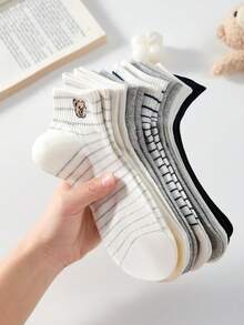 5双装女士可爱甜美透气小熊条纹图案短袜，船袜，ins风时尚袜，黑白配色，适合春、夏、秋、冬四季休闲穿着 - 彩色 - 查看 2