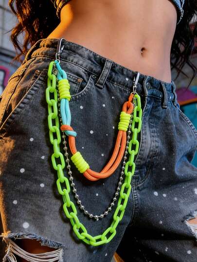1pc Y2K 3-Layer Chain Set: Acrylic Chain + Beaded Chain + Colorful Braided Rope Chain, Hip Hop Streetwear Style Hanging Chain, Wallet Chain, Pocket Chain, Belt, Emotional Accessory, Millennium Y2K Vibe, Unisex Ornament, Avant-Garde Decoration, Bag Charm, Multi-Color Chains, High Street Fashion, Knot Decor