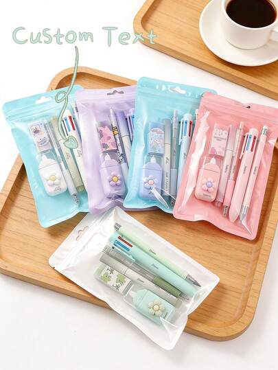 1 Set Of Custom Cute Stationery (6pcs), With High Aesthetic Value, Perfect As Back-To-School Or Graduation Gifts For Students. Includes Plastic Writing Tools With Erasers And Pens, With Name Tags; Suitable For Birthdays, Teacher's Day, And Office Use; Ideal As A Creative Gift For Him/Her, Student Supplies, Employee Gifts, Back-To-School Gifts, Christmas Gifts, New Year Gifts, And Returning-To-School Presents.